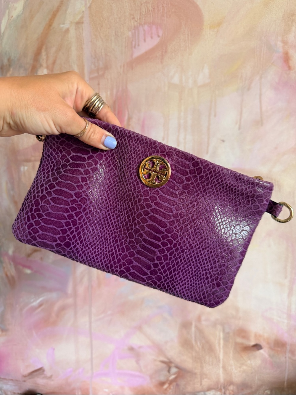 Tory Burch Plum Snake-Embossed Leather Wristlet with Gold Logo
